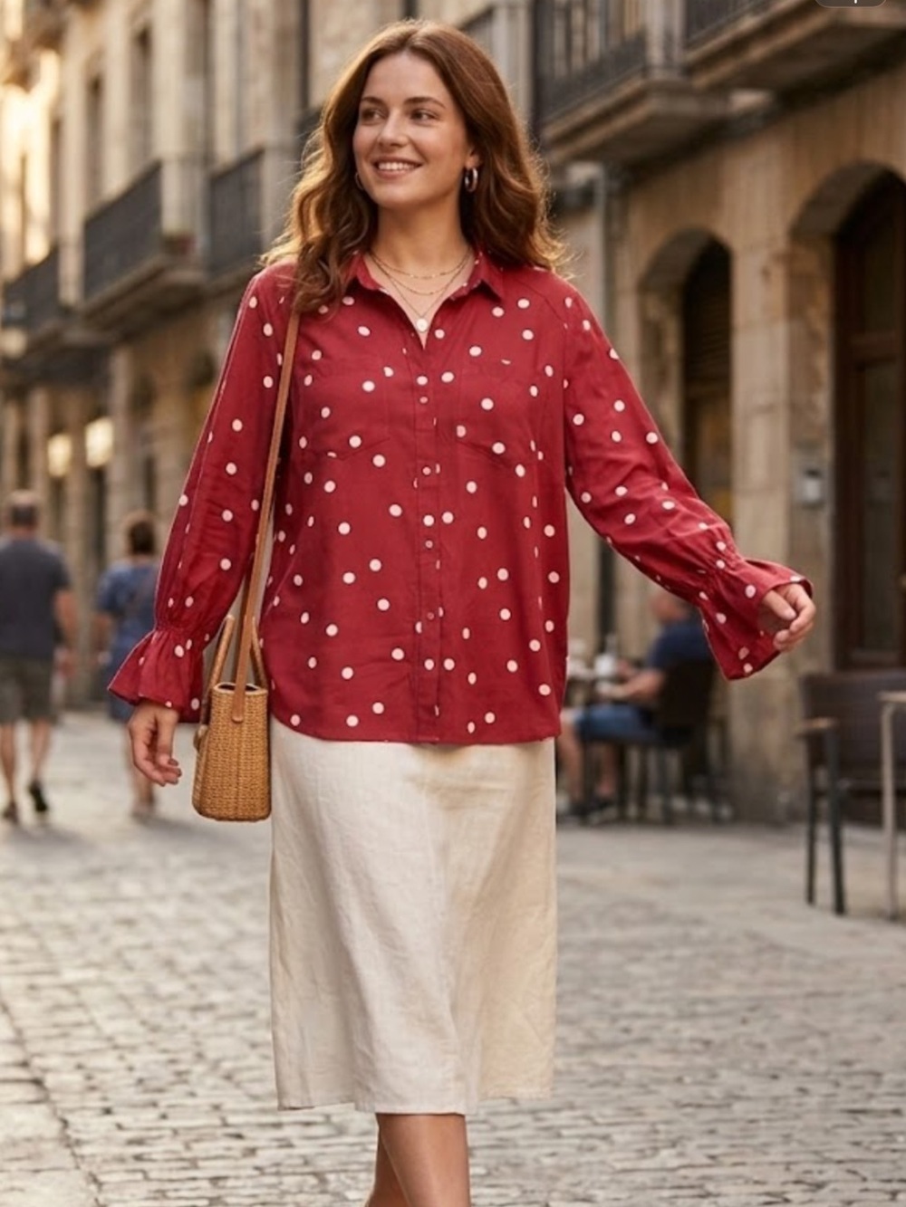 LC Lauren Conrad Red Polka Dot Button-Down Blouse